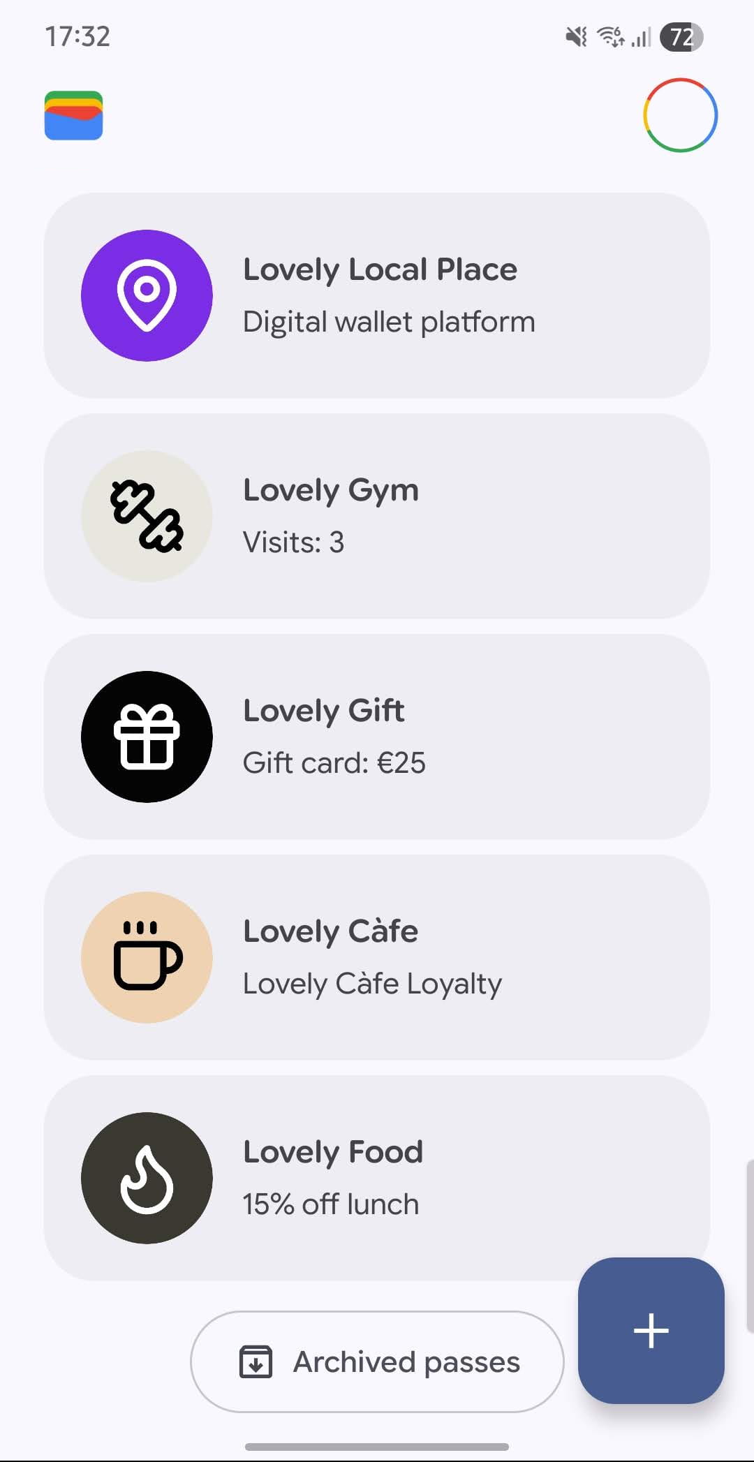 Google Wallet showing Lovely Local Place passes